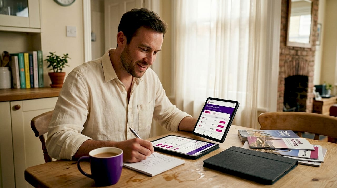 Man compares currency rates at kitchen table
