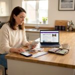 Woman sorting travel money at kitchen table