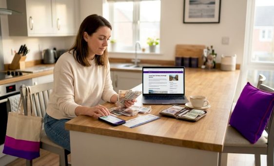 Woman sorting travel money at kitchen table