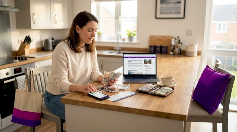 Woman sorting travel money at kitchen table