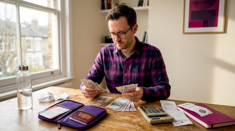 Man reviewing foreign currency at a home desk
