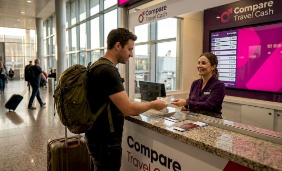 Traveler exchanging foreign currency at airport counter