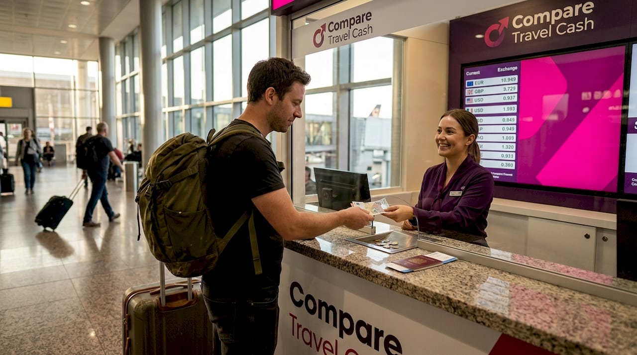 Traveler exchanging foreign currency at airport counter