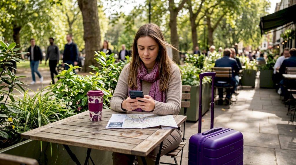 Traveler pays with phone at station café