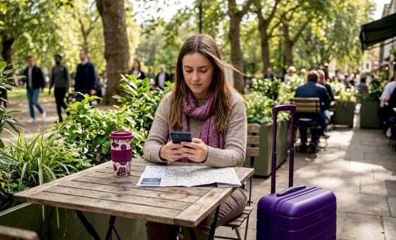 Traveler pays with phone at station café