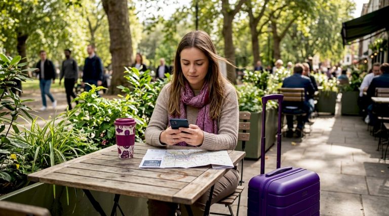 Traveler pays with phone at station café
