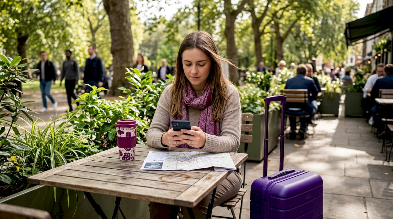 Traveler pays with phone at station café
