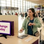 Traveler exchanging currency at airport counter