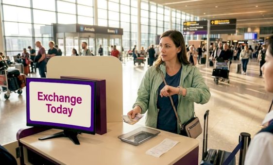Traveler exchanging currency at airport counter