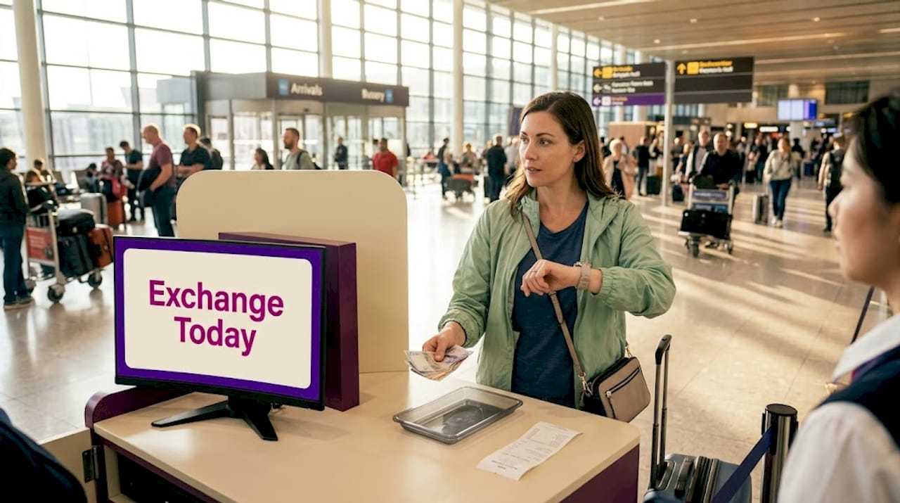 Traveler exchanging currency at airport counter