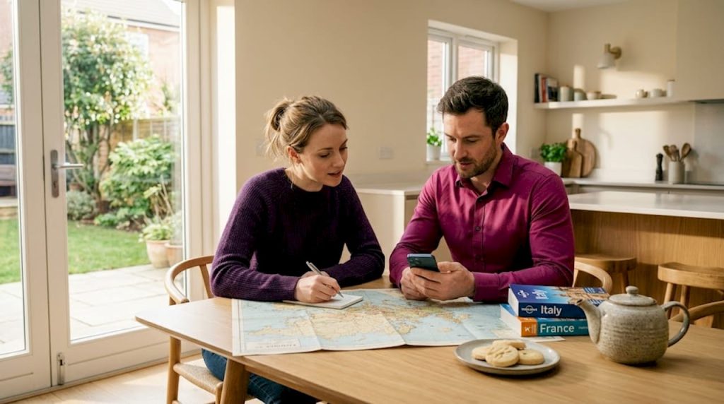 Couple planning holiday currency with notes and guides