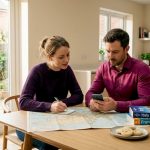Couple planning holiday currency with notes and guides