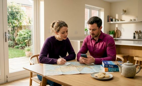 Couple planning holiday currency with notes and guides