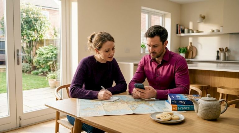 Couple planning holiday currency with notes and guides