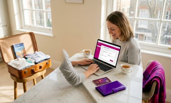 Traveler loading prepaid card at kitchen table