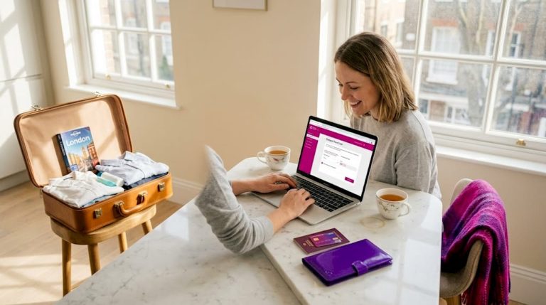 Traveler loading prepaid card at kitchen table