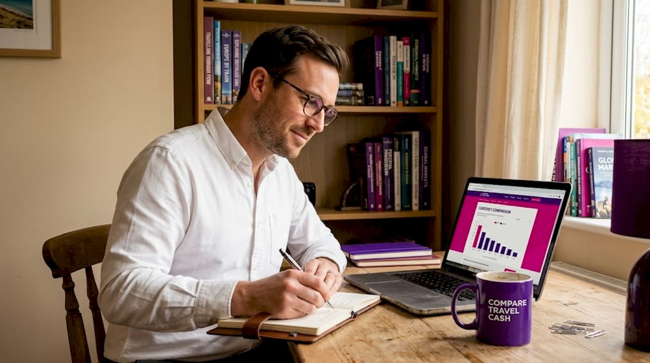 Man comparing exchange rates at home office desk