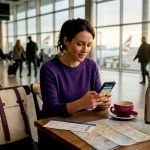 Traveler using fintech app at airport café table
