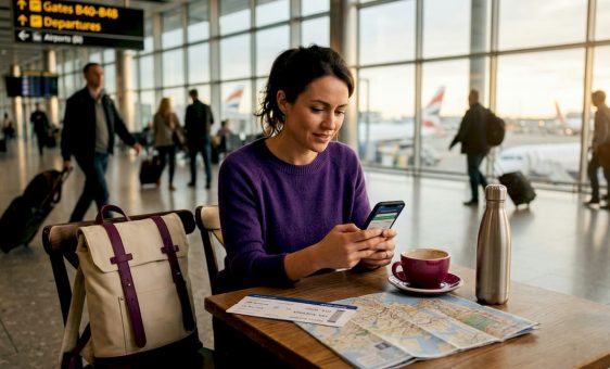 Traveler using fintech app at airport café table