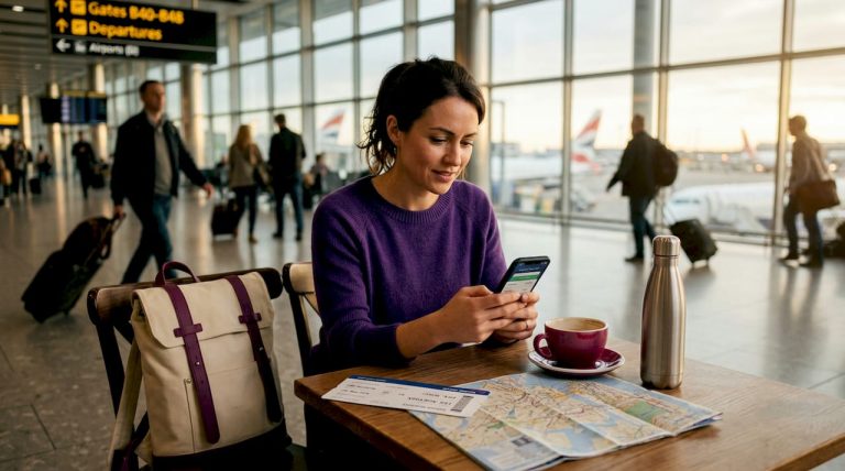 Traveler using fintech app at airport café table
