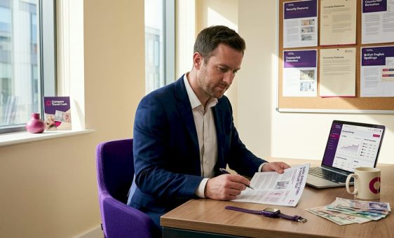 Professional reviewing currency security report at home office