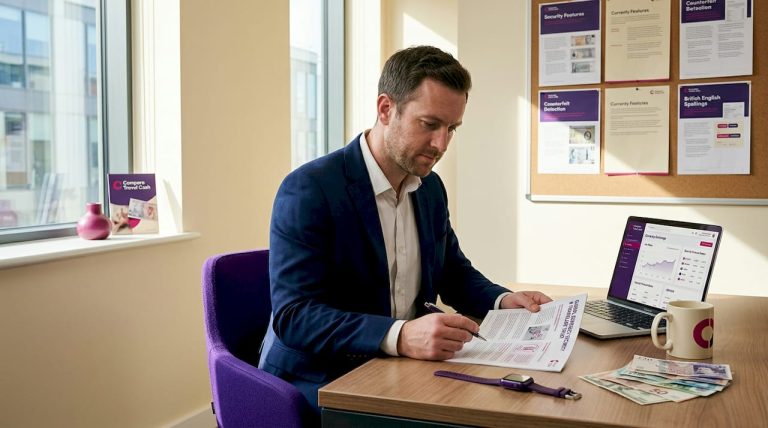 Professional reviewing currency security report at home office