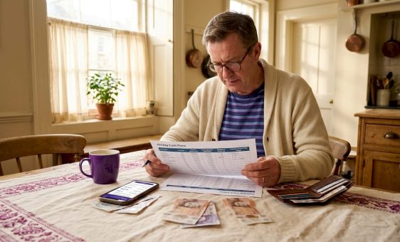 Man planning holiday cash budget at kitchen table