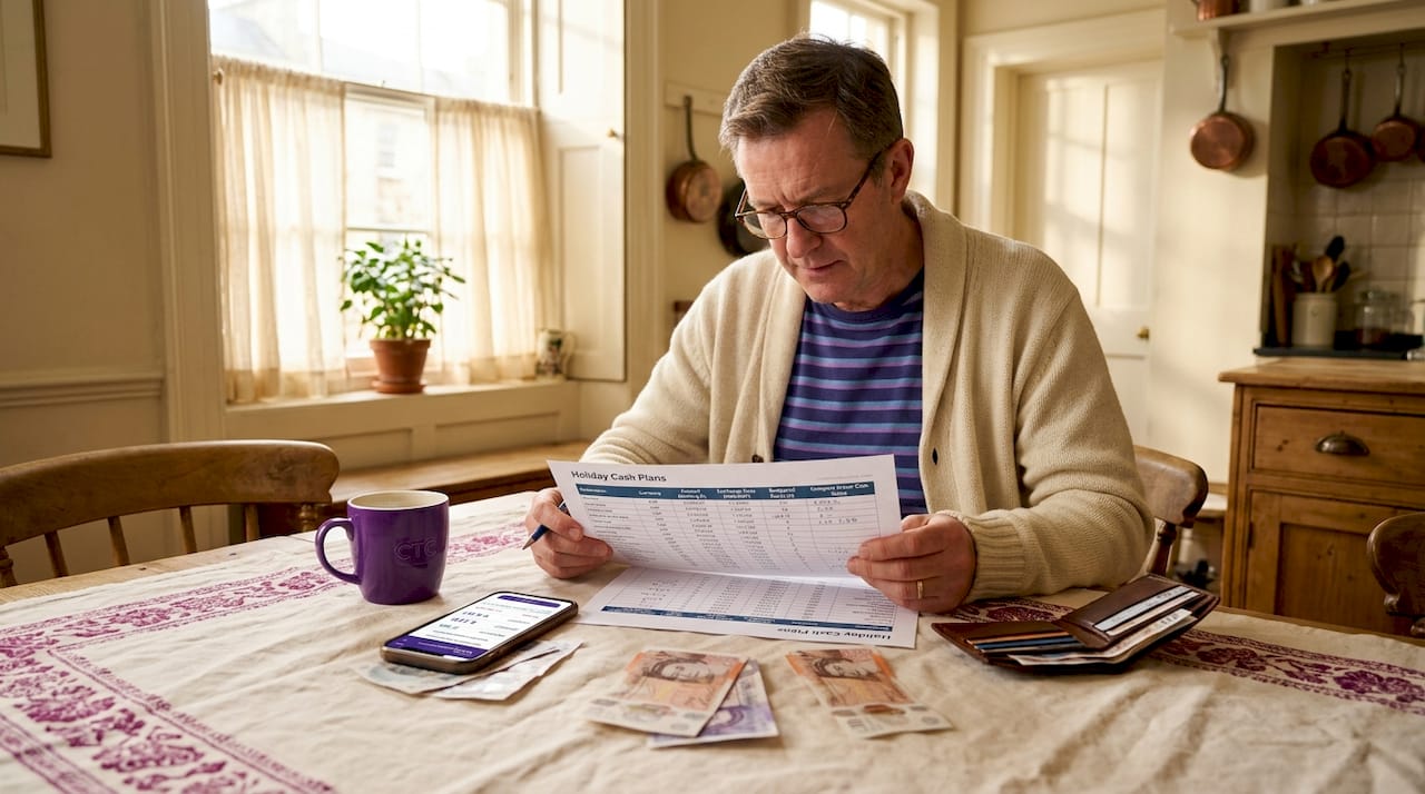 Man planning holiday cash budget at kitchen table