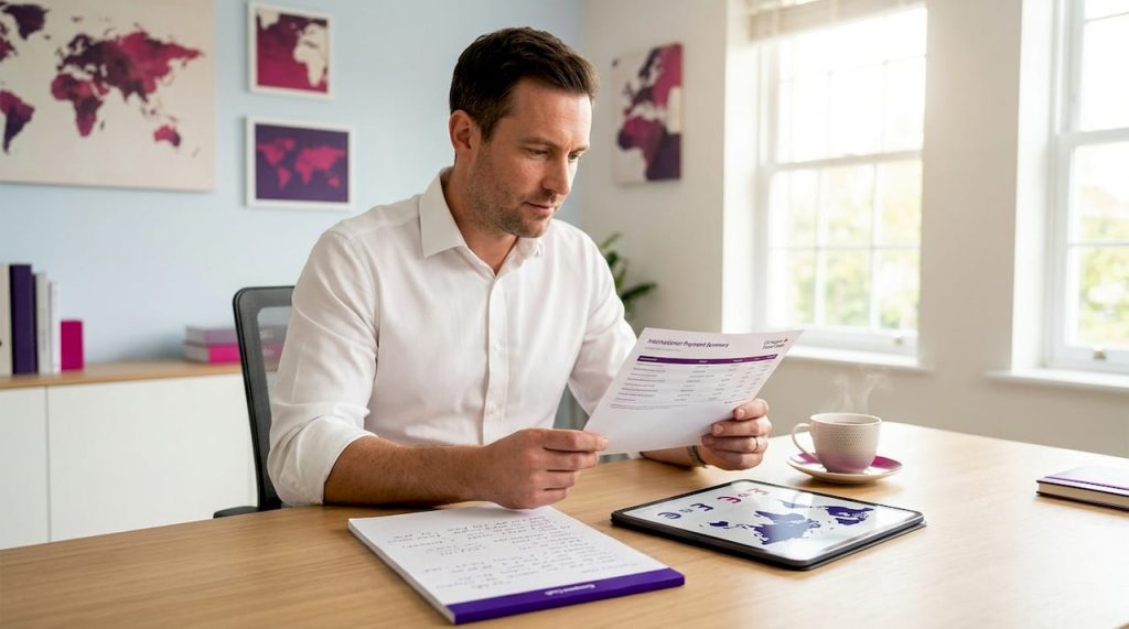 Professional reviewing foreign cash payment documents