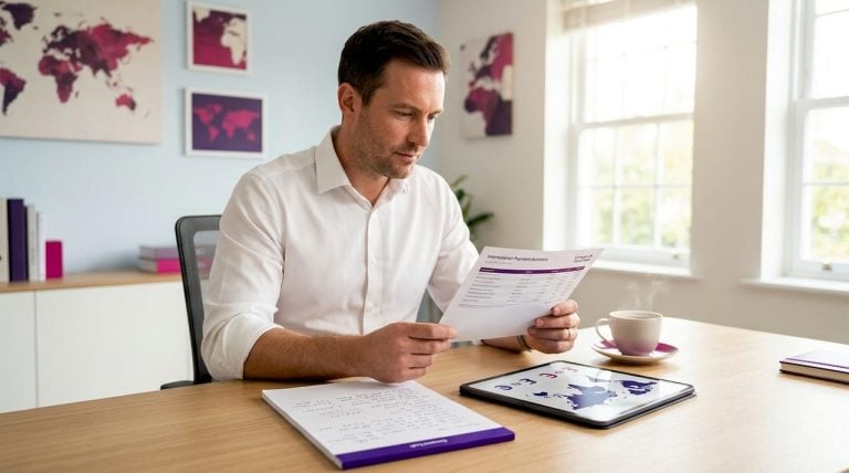 Professional reviewing foreign cash payment documents