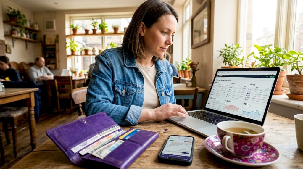 Traveller checking currency exchange rates at café table