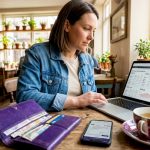 Traveller checking currency exchange rates at café table