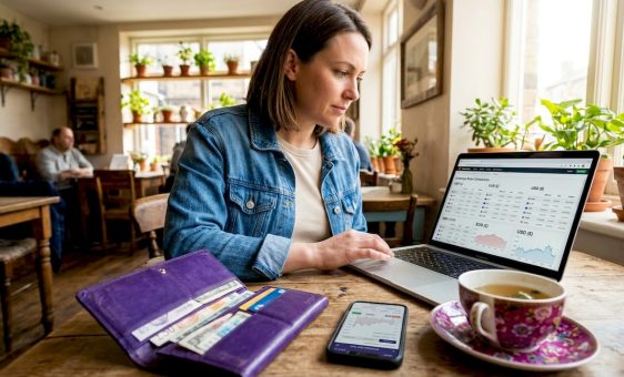 Traveller checking currency exchange rates at café table