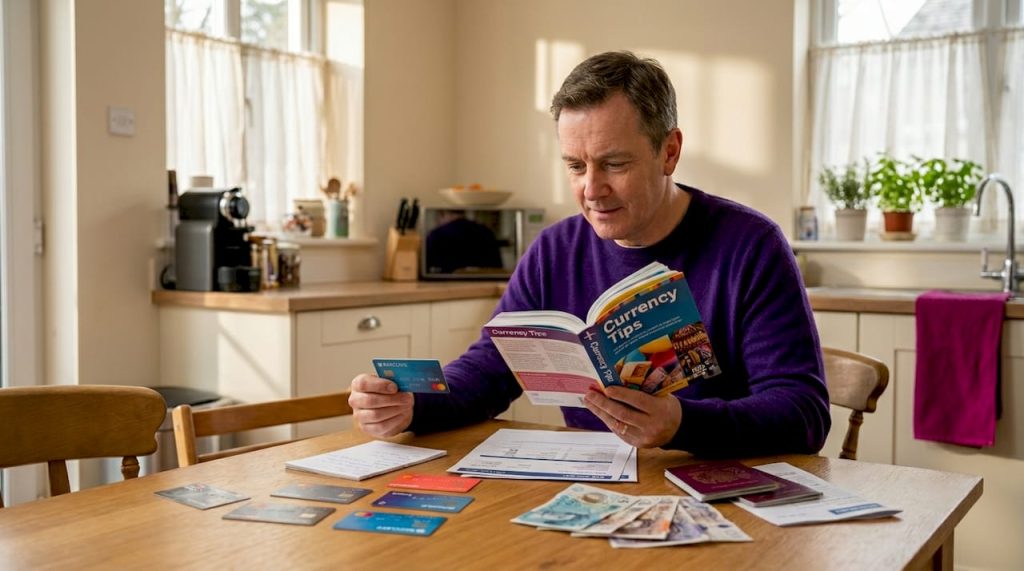 UK traveller managing foreign currency cards at home