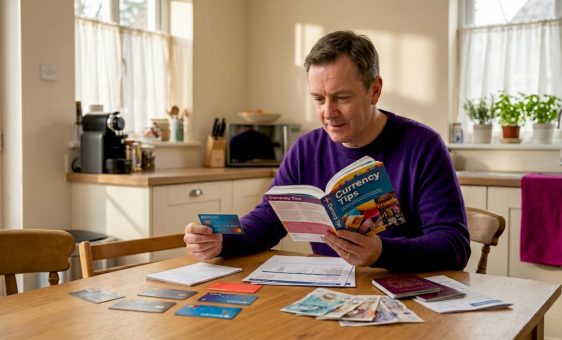 UK traveller managing foreign currency cards at home