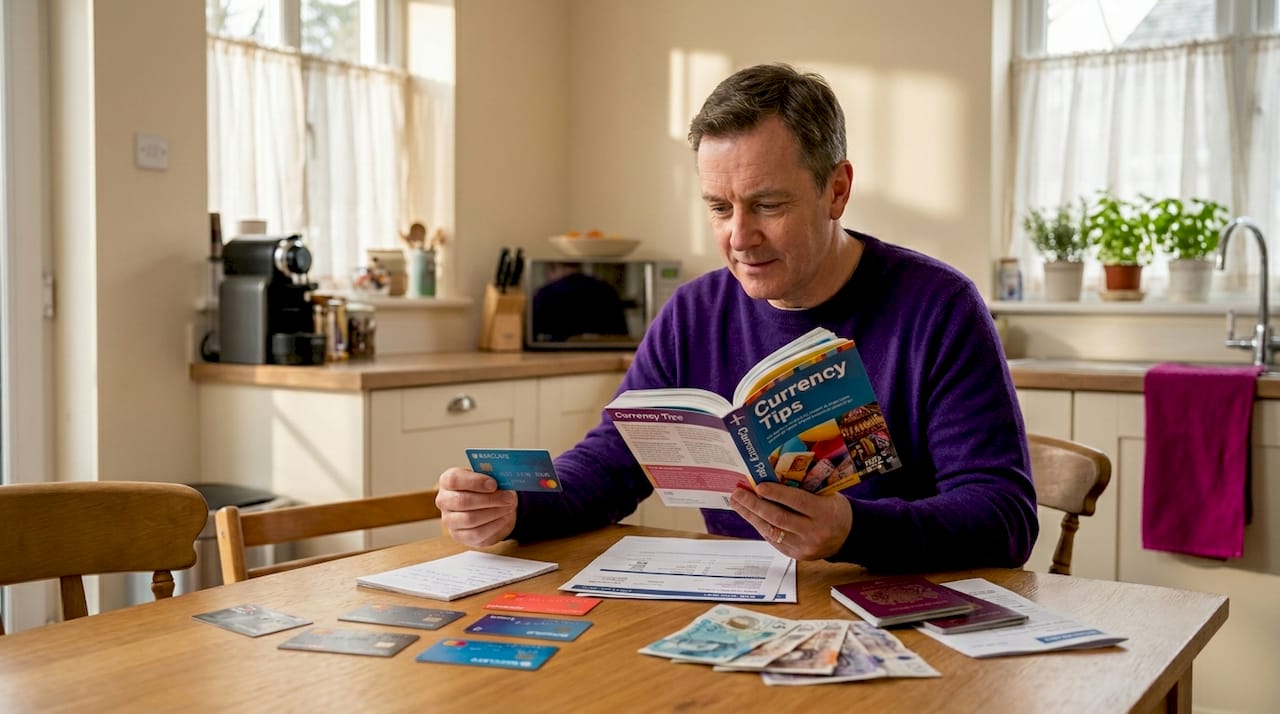 UK traveller managing foreign currency cards at home