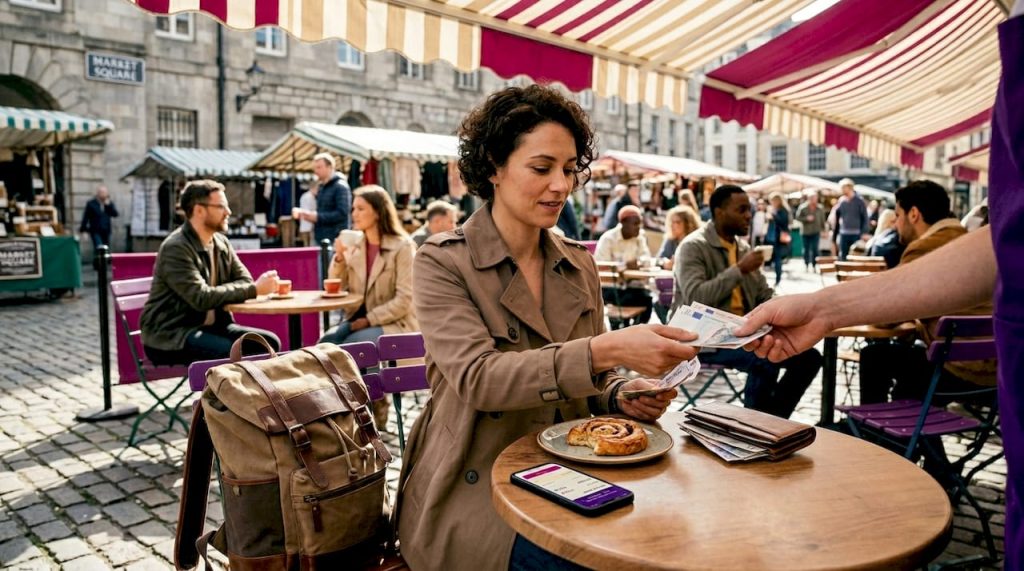 Traveller paying with local currency at outdoor café