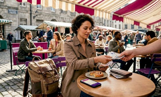 Traveller paying with local currency at outdoor café