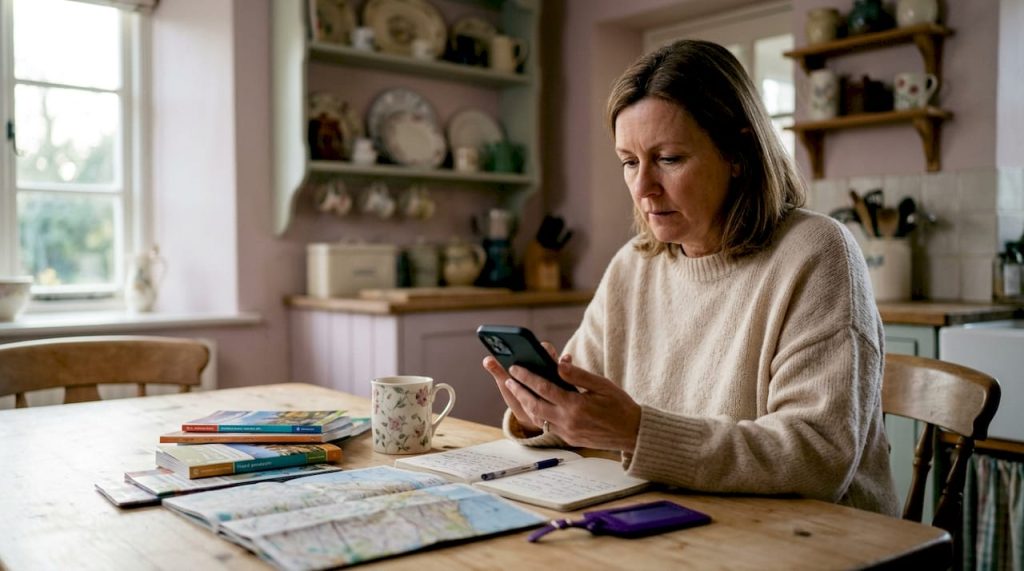 Woman planning currency exchange at kitchen table