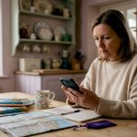 Woman planning currency exchange at kitchen table