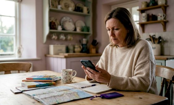 Woman planning currency exchange at kitchen table