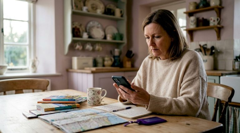 Woman planning currency exchange at kitchen table