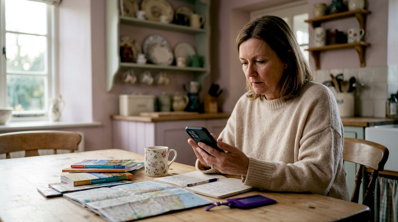 Woman planning currency exchange at kitchen table