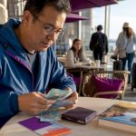 Traveler counting foreign currency at airport table