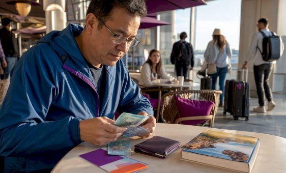 Traveler counting foreign currency at airport table