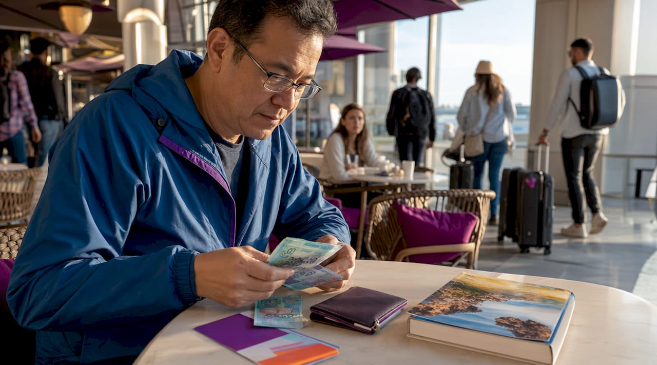 Traveler counting foreign currency at airport table