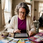 Woman checking currency rates at home