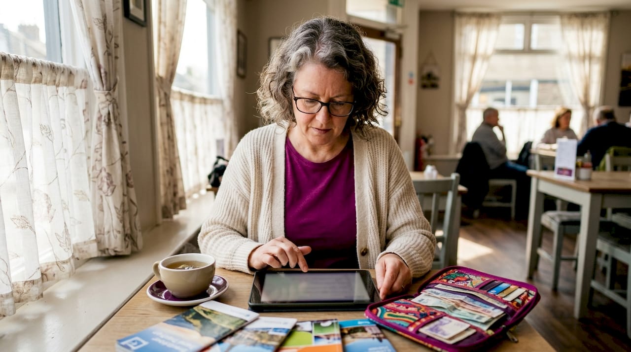 Woman checking currency rates at home