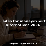 Woman comparing travel money rates at home office laptop