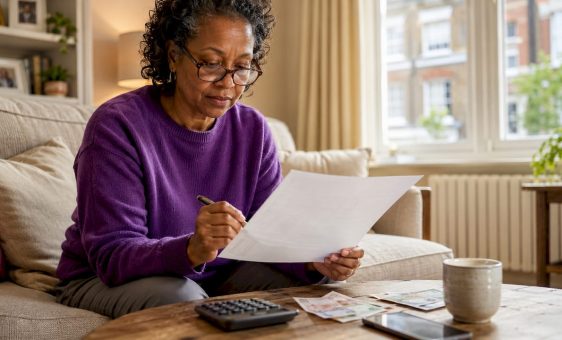 Woman reviewing travel insurance at home table